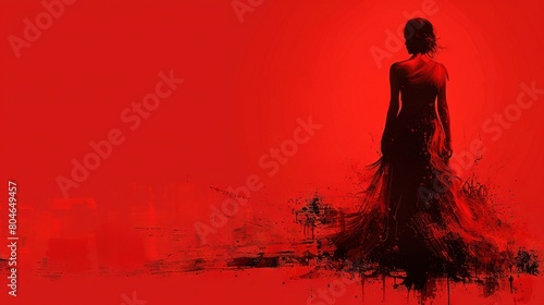  A portrait of a woman in a black dress set against a fiery red backdrop, framed by an urban cityscape