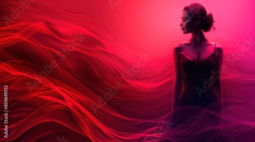  A woman in a black dress stands against a red and pink backdrop, surrounded by a wave of white light behind her