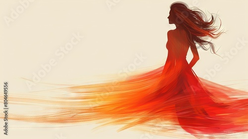  Woman wearing a long red dress with a red-orange dress on her back and blowing hair