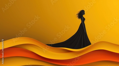 A woman wearing a long black dress stands amidst a sea of orange and yellow paper waves