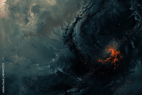 Dark, swirling clouds encircle a fiery core in a dramatic representation of a storm, evoking a sense of danger and awe.