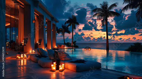 Tropical Resort at Sunset, Swimming Pool with Ocean View, Luxurious Vacation Spot, Maldives