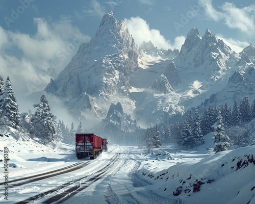 A convoy of trucks traversing a snowy mountain pass, tire tracks trailing behind 8K , high-resolution, ultra HD,up32K HD
