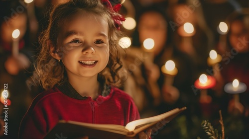 Happy little girl holding a Christmas carol book at Christmas carol, crowd holding candles in the background,