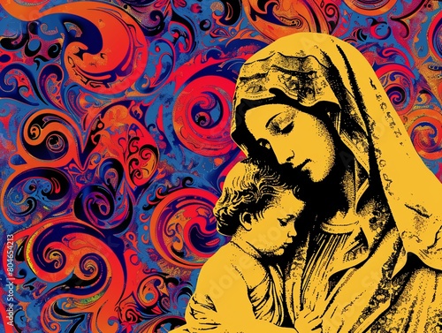 A peaceful portrait of the Virgin Mary and baby Jesus, their faces calm and serene, with copy space