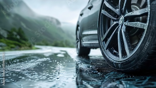 Summer Tire on Wet Asphalt with Green Landscape in Background: Close-Up of Car Tire Detail. Concept Close-Up Photography, Tire Detail, Wet Asphalt, Green Landscape, Summer Theme
