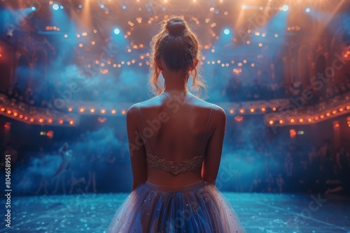 Dramatic back view of a ballerina on a smoke-filled stage, surrounded by lights and the enchantment of ballet