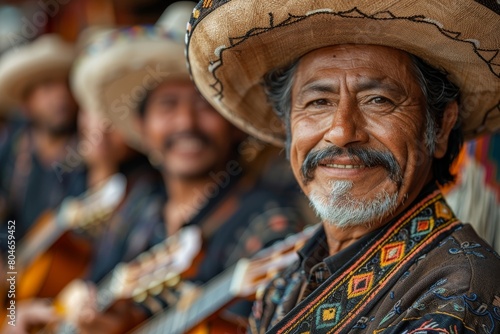 Close-up of a joyful man in traditional Mexican attire with a sombrero playing the guitar The focus is on the man's welcoming smile