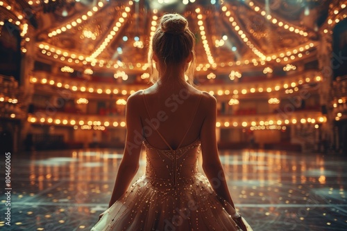 Close-up of a ballerina's embellished costume sparkling with LED lights amidst the grandiose theater