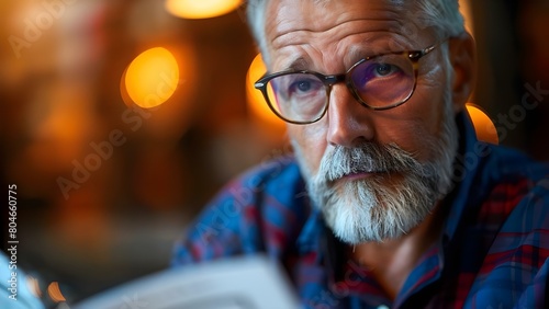 Senior man reviewing life insurance policy with reading glasses: A close-up photo. Concept Photography, Senior Man, Insurance Policy, Reading Glasses, Close-Up Portrait