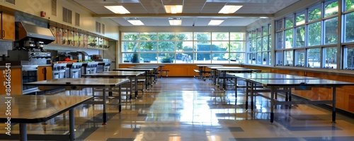 A quiet school cafeteria in the morning before students arrive, showing clean tables and a food serving area