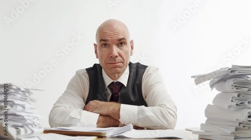 Overworked Bureaucrat: Exhausted Businessman overwhelmed with documents on white background