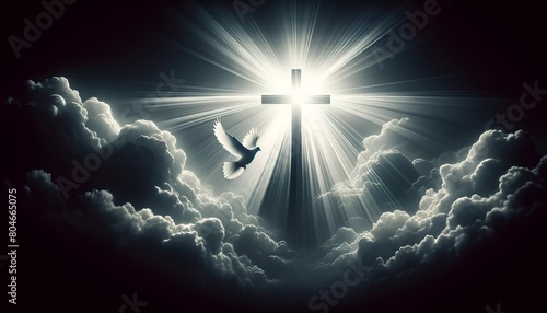Realistic illustration for whit monday with a big glowing cross in the clouds and a white dove in flight.