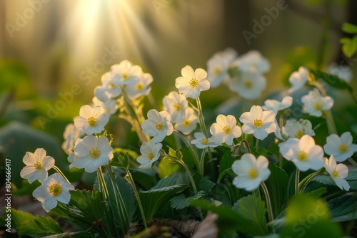 A cluster of delicate white primroses scattered across green grass under the sunlight in a spring forest