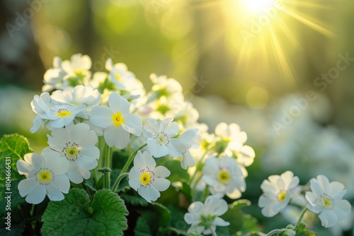 A cluster of white primroses with green leaves basking in sunlight in a spring forest