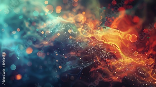 A colorful, swirling background with a red and blue flame in the foreground