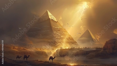 the Egyptian pyramids against a vast desert landscape, with a majestic camel traversing the sands below and a seagull soaring gracefully overhead.
