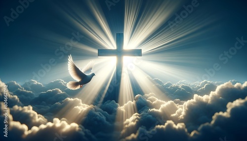 Realistic illustration for whit monday with christian cross illuminated by beams of light and dove in flight.