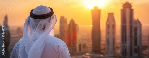 Arab man with kandura enjoying sunrise in Dubai proud of his country. AI generated illustration