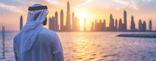 Arab man with kandura enjoying sunrise in Dubai proud of his country. AI generated illustration