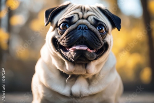 'making happy face angry banner concept yellow adorable serious dog pug background summer smile purebred breed ready alone wide animal beige bored canino closeup comfortable cute depression domestic'