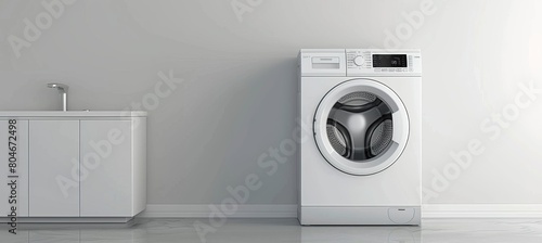 Modern white washing machine with black led display in minimalist setting for efficient laundry