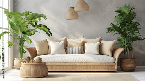 An interior mockup with a wicker rattan sofa, beige pillows, lamp, and green plants showcases elegance