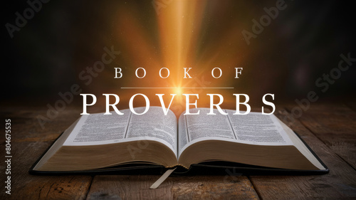 Open Book of Proverbs on a Wooden Table Illuminated, Creating an Atmosphere of Inspiration and Wisdom
