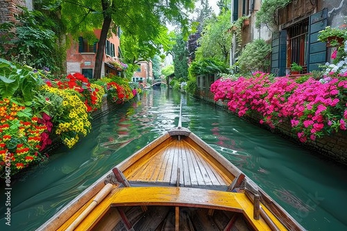 a boat riding in a narrow canal having beautiful flowers on both edges