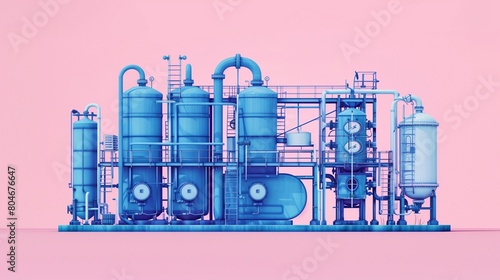 Flat solid color illustration with no gradient: denim blue water treatment plant on blush pink background--Water Purification Techniques
