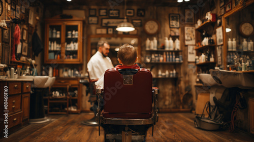 A boy sits in a barber chair in a barbershop