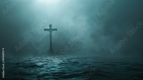 A somber and atmospheric depiction of a cross shrouded in mist, emerging from dark waters. Symbolic of hope amidst turmoil. Concept of redemption, mystery, and the steadfastness of faith