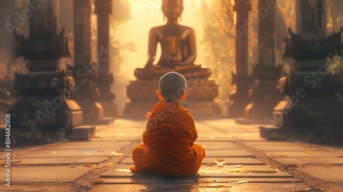 Baby buddhist monk praying in front of buddah statue illustration