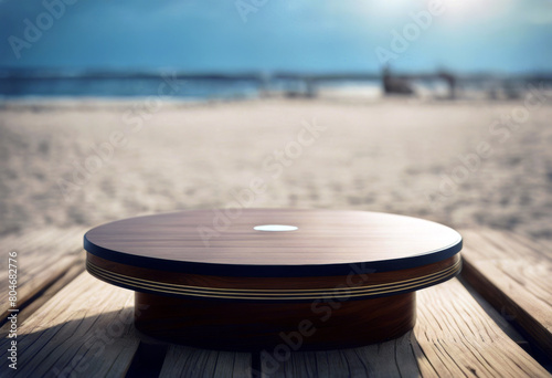 'podium splay table beach wooden Round product poduim sandy shore sandbeach landscape view sea ocean sunset summer paradise'