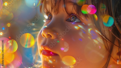 A close up of a little girl with black hair, bangs, smiling, with twinkling Christmas lights reflecting in her iris, eyelashes, nose, and rosy cheeks. A beautiful scene filled with joy and fun AIG50