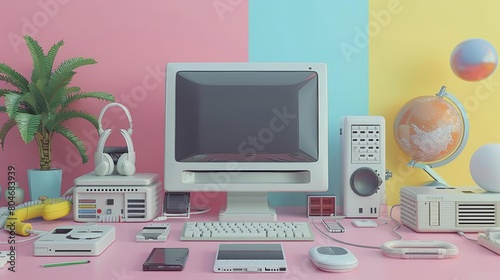 A retro computer setup with a globe, headphones, and a plant on a pink and blue background.