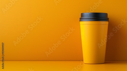 Bright yellow or orange reusable travel mug on a matching yellow or orange background with copy space for text