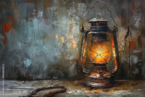 enchanting antique lantern with a glowing flame realistic oil painting