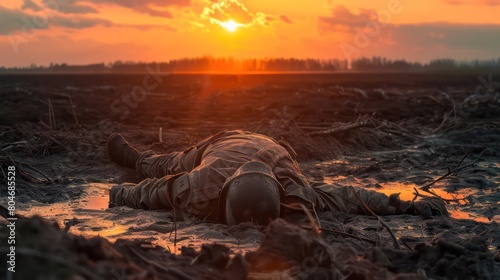 Dead soldier laying face down in the mud in front of the sunset, end of the line, fallen hero
