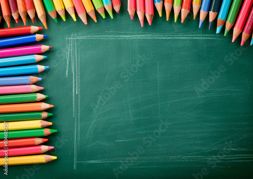 A blank chalkboard with colorful pencils and an inkpen sharpener on the side