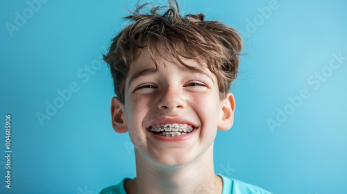 Emotional teenage boy with braces on teeth on plain blue background, showing facial expression