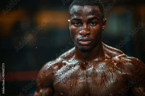 Close-up of a determined boxer with sweat and a serious expression, ready for challenge