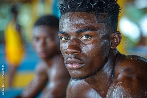 A young, contemplative boxer appears lost in thought in a gym setting, sweat visible