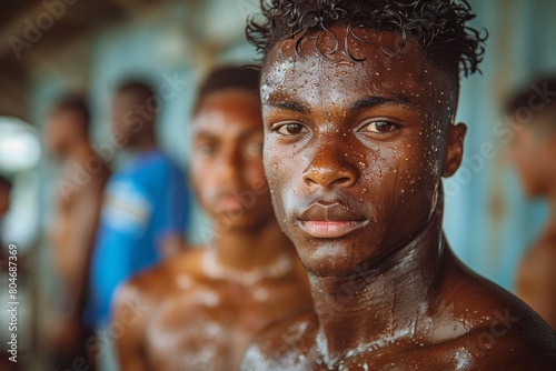 A group of young male athletes with serious expressions and sweaty skin is captured