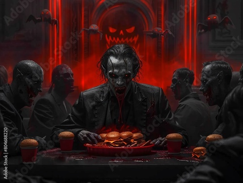 The vampires fastfood feast is a macabre display of their insatiable appetite, a haunting image against the backdrop of the mortal world, cinematic ,