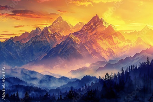 majestic awakening breathtaking sunrise over mountain range digital painting