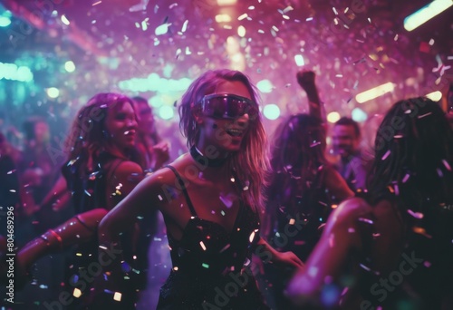 'girls Group dancing fun party confetti light nightclub city. creative cyberpunk Joyful people having concert disco dj entertainment music young celebration crowd dance dancer festival'