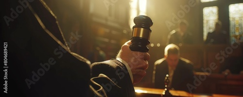 A dramatic courtroom scene focusing on a judge's gavel being held, symbolizing justice and authority.