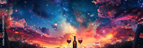 Enchanting Evening: Outdoor Dining Under a Starlit Sky with a Wine Setting for Two