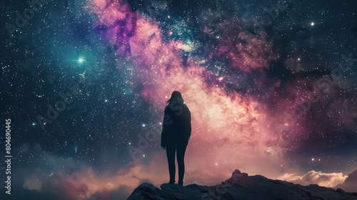 An image of a solitary human being dwarfed by the magnificent and colorful display of the night sky's galaxy
